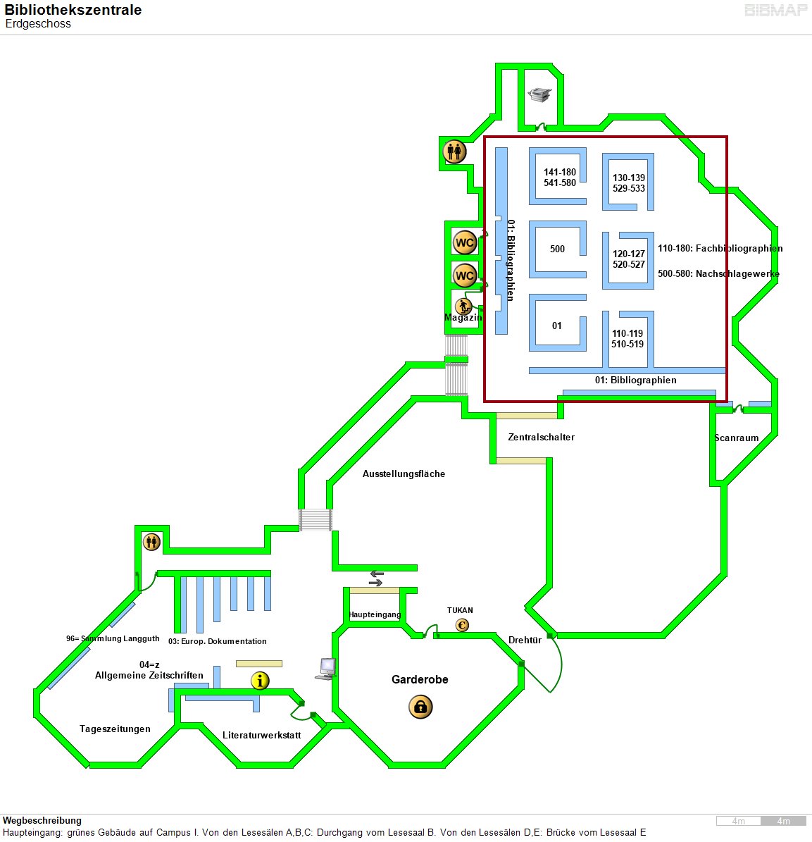 Bild zur Standortanzeige Wegbeschreibung
Haupteingang: grnes Gebude auf Campus I. Von den Leseslen A,B,C: Durchgang vom Lesesaal B. Von den Leseslen D,E: Brcke vom Lesesaal E
