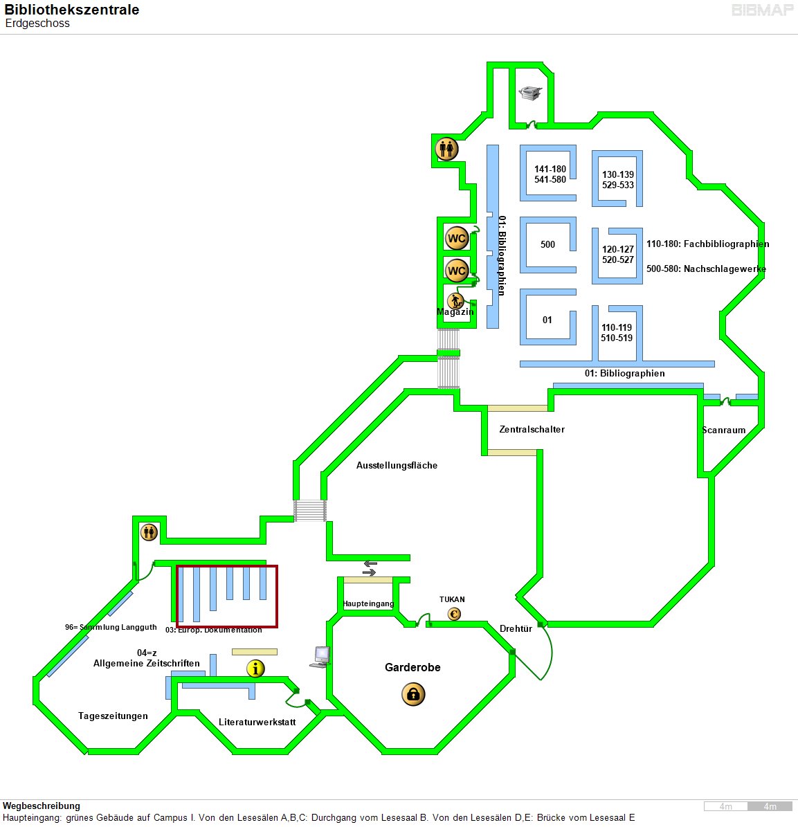 Bild zur Standortanzeige Wegbeschreibung
Haupteingang: grnes Gebude auf Campus I. Von den Leseslen A,B,C: Durchgang vom Lesesaal B. Von den Leseslen D,E: Brcke vom Lesesaal E