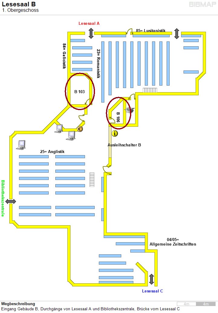 Bild zur Standortanzeige Wegbeschreibung
Eingang Gebude B, Durchgnge von Lesesaal A und Bibliothekszentrale, Brcke vom Lesesaal C