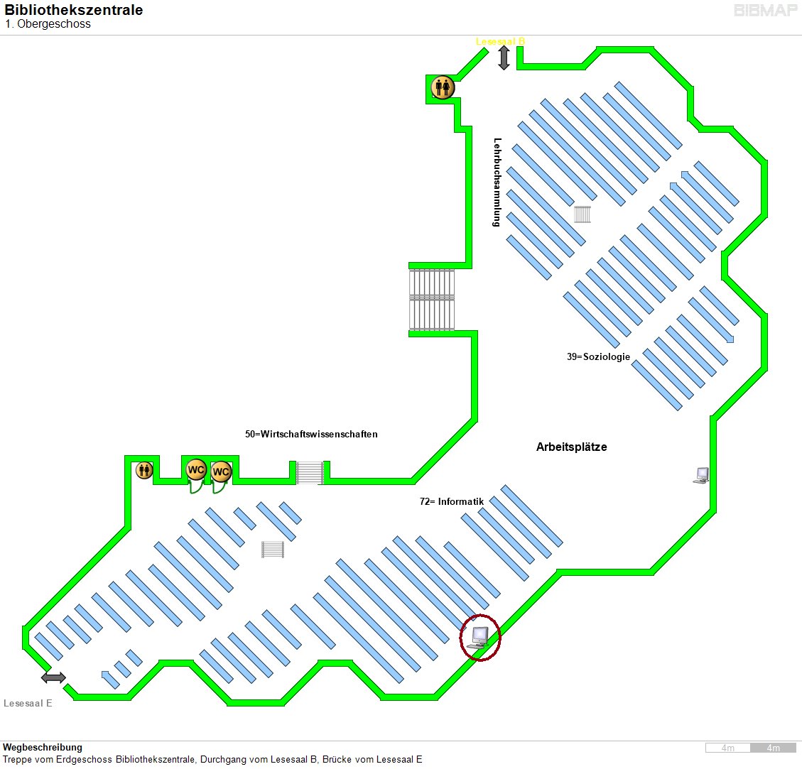 Bild zur Standortanzeige Wegbeschreibung
Treppe vom Erdgeschoss Bibliothekszentrale, Durchgang vom Lesesaal B, Brcke vom Lesesaal E