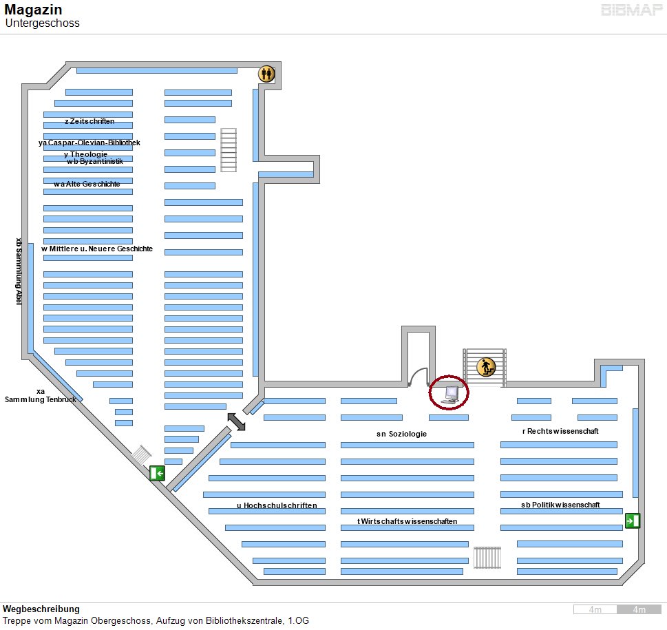 Bild zur Standortanzeige Wegbeschreibung
Treppe vom Magazin Obergeschoss, Aufzug von Bibliothekszentrale, 1.OG