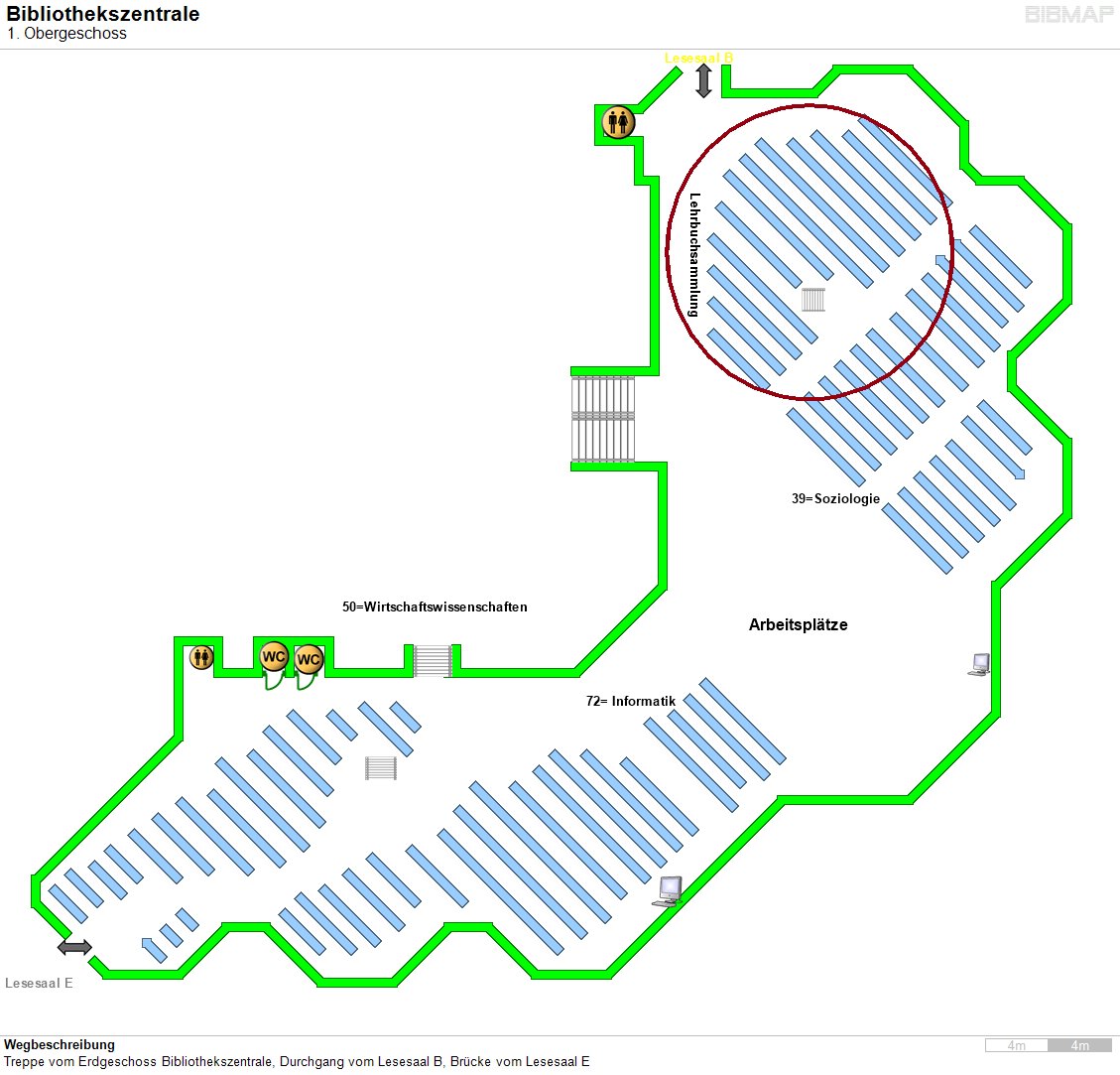 Bild zur Standortanzeige Wegbeschreibung
Treppe vom Erdgeschoss Bibliothekszentrale, Durchgang vom Lesesaal B, Brcke vom Lesesaal E