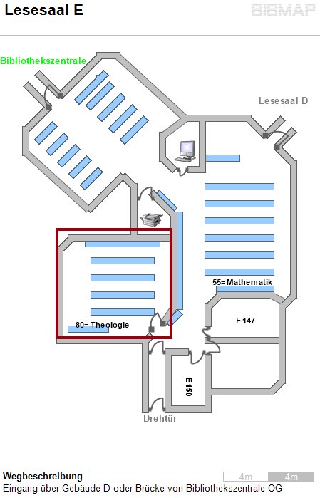 Bild zur Standortanzeige Wegbeschreibung
Eingang ber Gebude D oder Brcke von Bibliothekszentrale OG