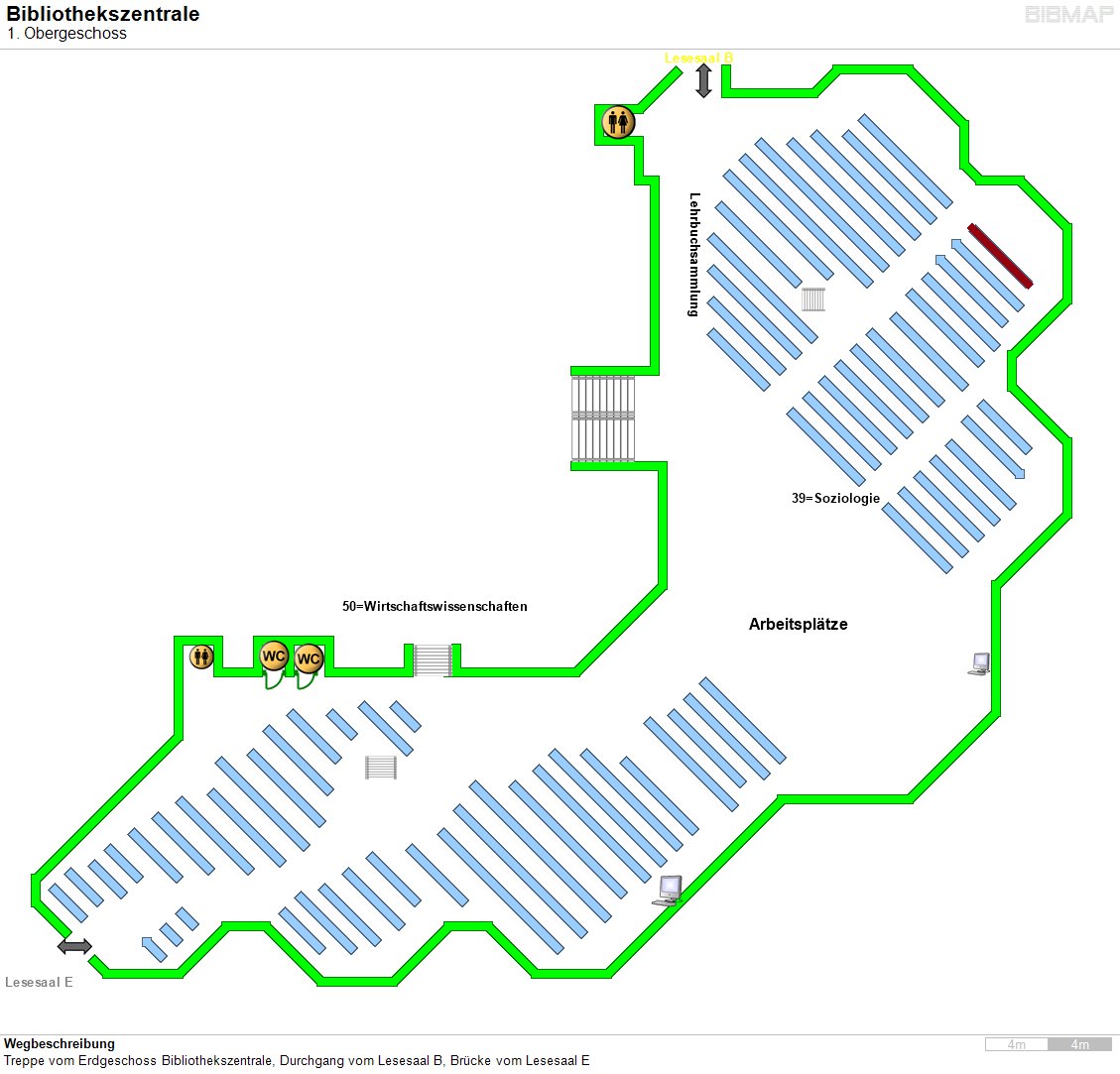 Bild zur Standortanzeige Wegbeschreibung
Treppe vom Erdgeschoss Bibliothekszentrale, Durchgang vom Lesesaal B, Br�cke vom Lesesaal E