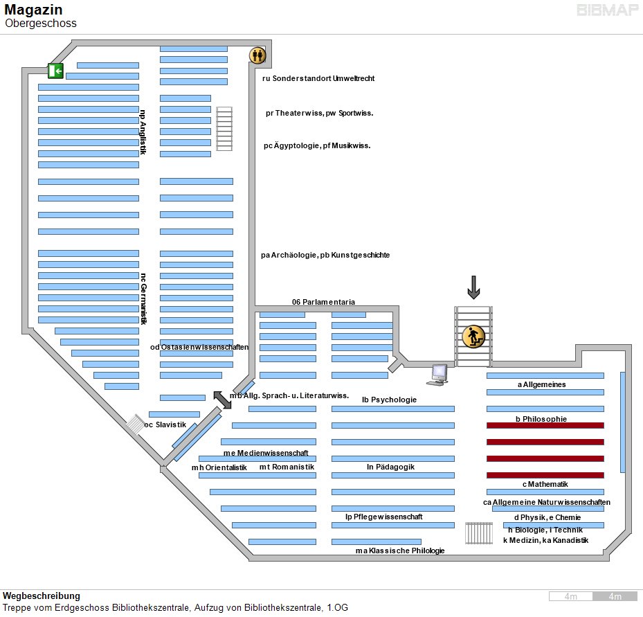 Bild zur Standortanzeige Wegbeschreibung
Treppe vom Erdgeschoss Bibliothekszentrale, Aufzug von Bibliothekszentrale, 1.OG