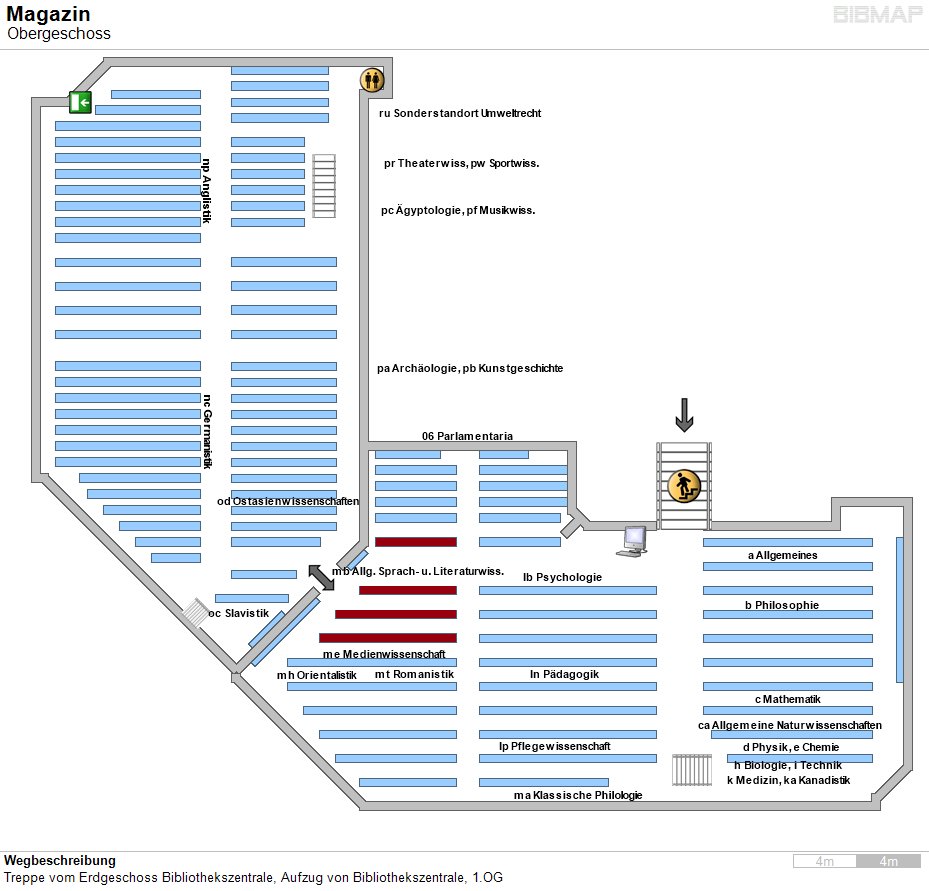 Bild zur Standortanzeige Wegbeschreibung
Treppe vom Erdgeschoss Bibliothekszentrale, Aufzug von Bibliothekszentrale, 1.OG