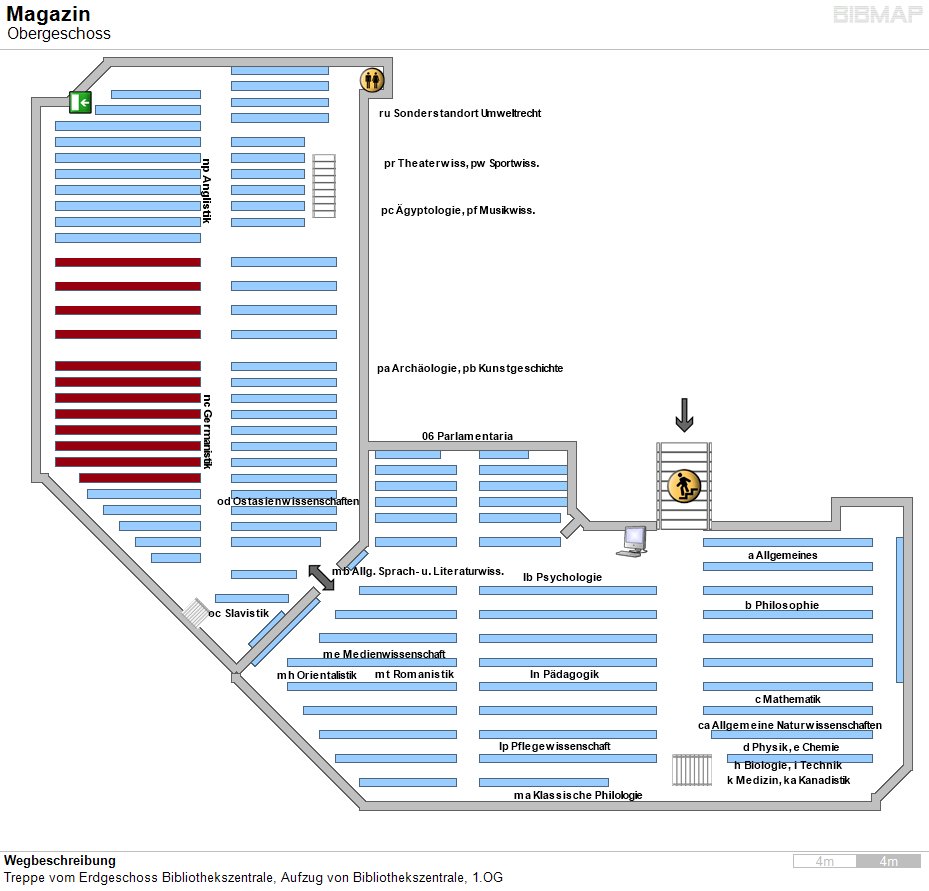 Bild zur Standortanzeige Wegbeschreibung
Treppe vom Erdgeschoss Bibliothekszentrale, Aufzug von Bibliothekszentrale, 1.OG