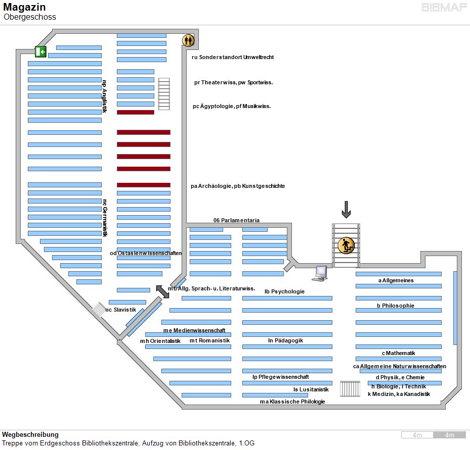 Bild zur Standortanzeige Wegbeschreibung
Treppe vom Erdgeschoss Bibliothekszentrale, Aufzug von Bibliothekszentrale, 1.OG