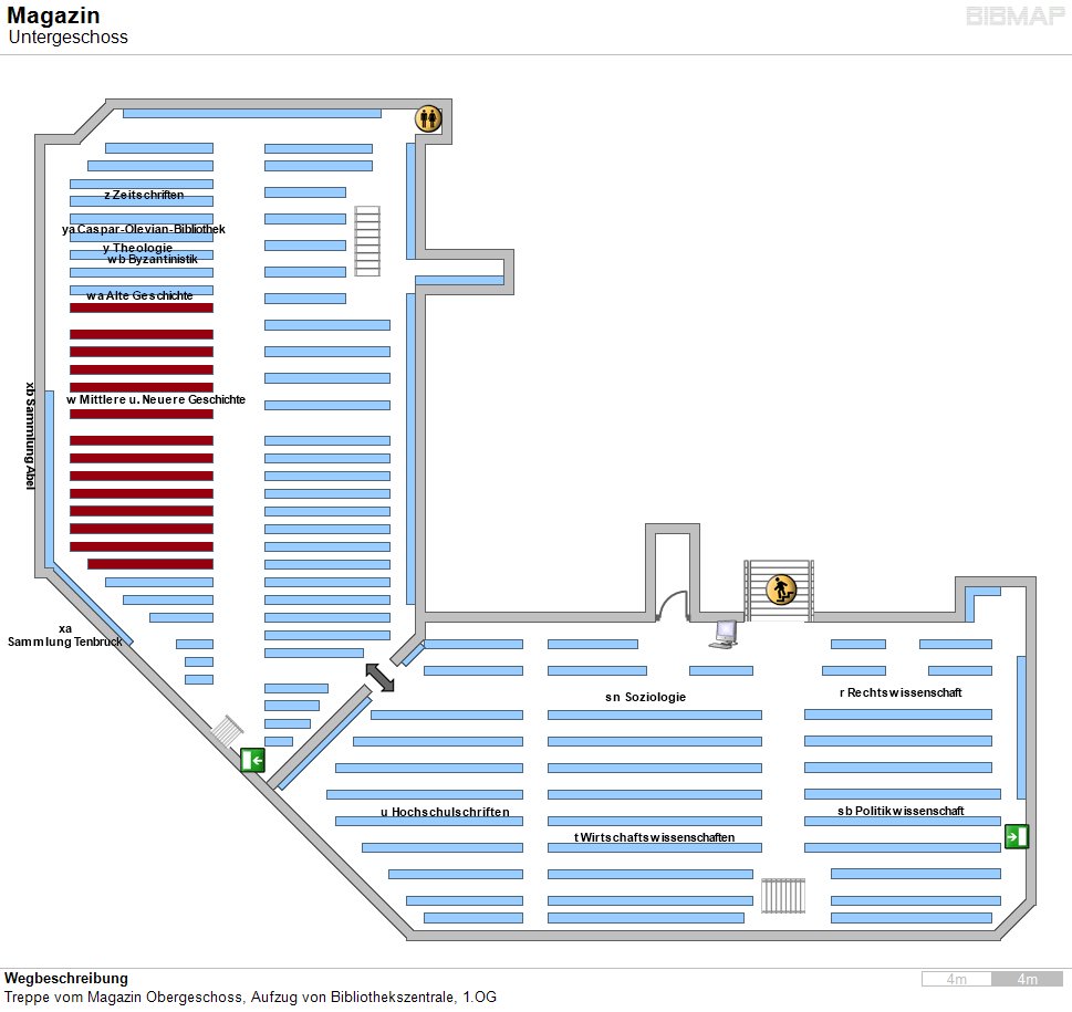 Bild zur Standortanzeige Wegbeschreibung
Treppe vom Magazin Obergeschoss, Aufzug von Bibliothekszentrale, 1.OG