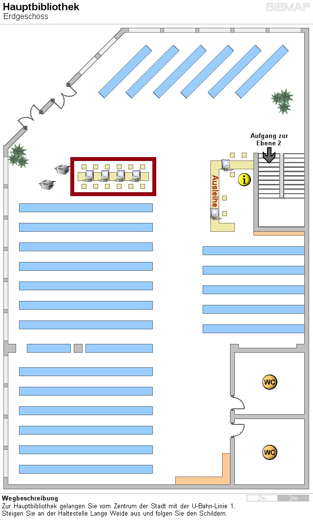 Bild zur Standortanzeige Wegbeschreibung
Zur Hauptbibliothek gelangen Sie vom Zentrum der Stadt mit der U-Bahn-Linie 1.
Steigen Sie an der Haltestelle Lange Weide aus und folgen Sie den Schildern.