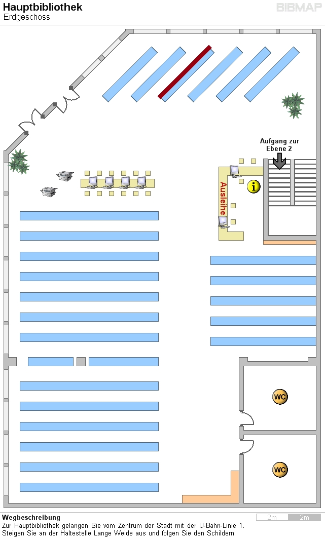 Bild zur Standortanzeige Wegbeschreibung
Zur Hauptbibliothek gelangen Sie vom Zentrum der Stadt mit der U-Bahn-Linie 1.
Steigen Sie an der Haltestelle Lange Weide aus und folgen Sie den Schildern.