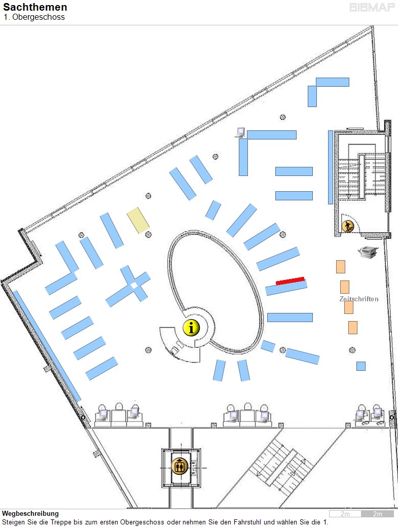 Bild zur Standortanzeige Wegbeschreibung
Steigen Sie die Treppe bis zum ersten Obergeschoss oder nehmen Sie den Fahrstuhl und w�hlen Sie die 1.
