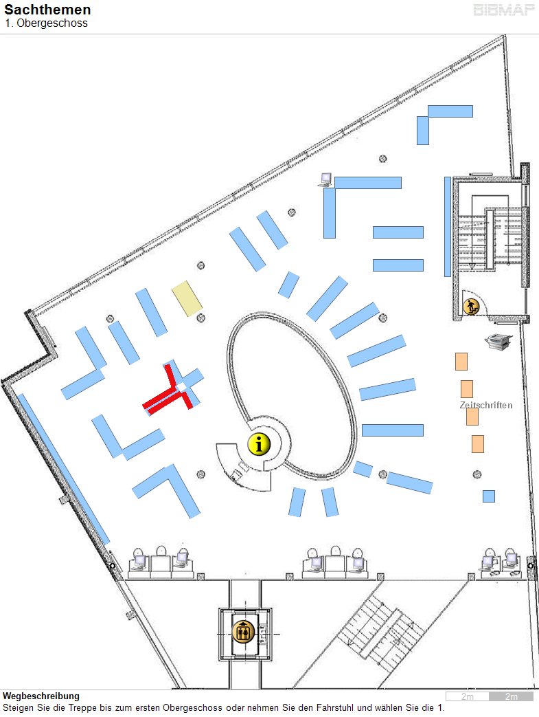 Bild zur Standortanzeige Wegbeschreibung
Steigen Sie die Treppe bis zum ersten Obergeschoss oder nehmen Sie den Fahrstuhl und w�hlen Sie die 1.