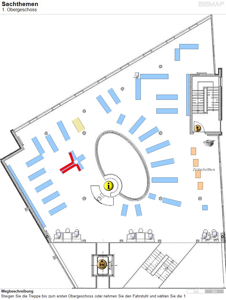 Bild zur Standortanzeige Wegbeschreibung
Steigen Sie die Treppe bis zum ersten Obergeschoss oder nehmen Sie den Fahrstuhl und w�hlen Sie die 1.