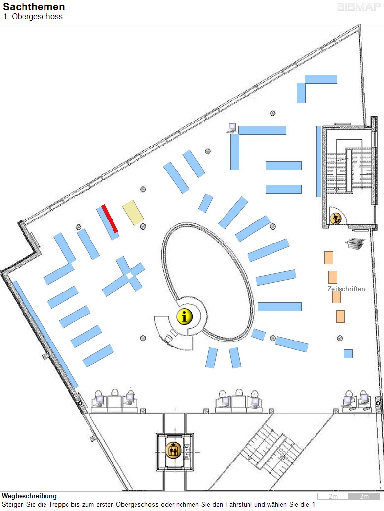 Bild zur Standortanzeige Wegbeschreibung
Steigen Sie die Treppe bis zum ersten Obergeschoss oder nehmen Sie den Fahrstuhl und w�hlen Sie die 1.