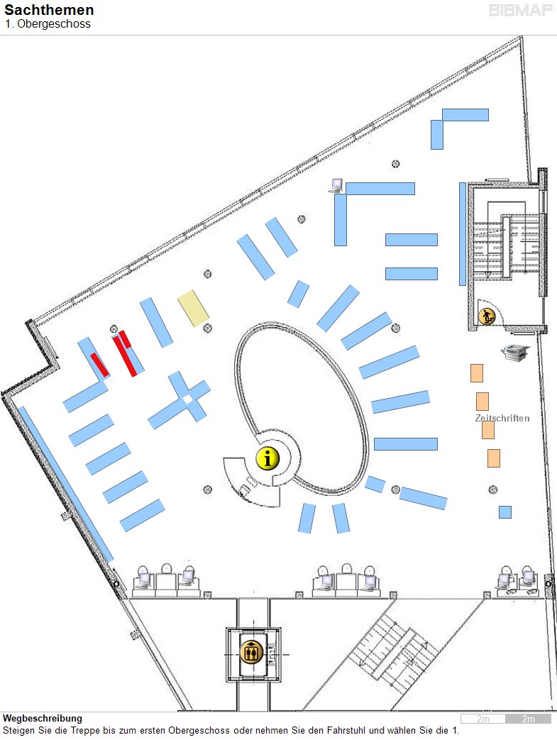 Bild zur Standortanzeige Wegbeschreibung
Steigen Sie die Treppe bis zum ersten Obergeschoss oder nehmen Sie den Fahrstuhl und w�hlen Sie die 1.