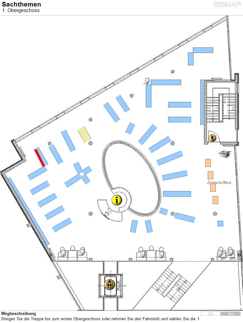 Bild zur Standortanzeige Wegbeschreibung
Steigen Sie die Treppe bis zum ersten Obergeschoss oder nehmen Sie den Fahrstuhl und w�hlen Sie die 1.