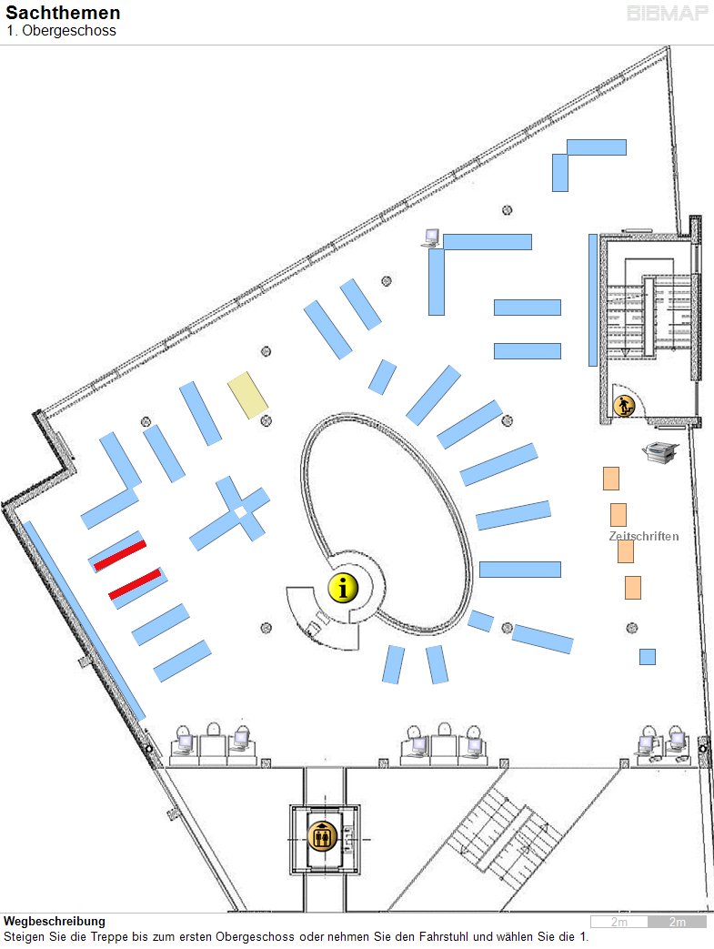 Bild zur Standortanzeige Wegbeschreibung
Steigen Sie die Treppe bis zum ersten Obergeschoss oder nehmen Sie den Fahrstuhl und w�hlen Sie die 1.