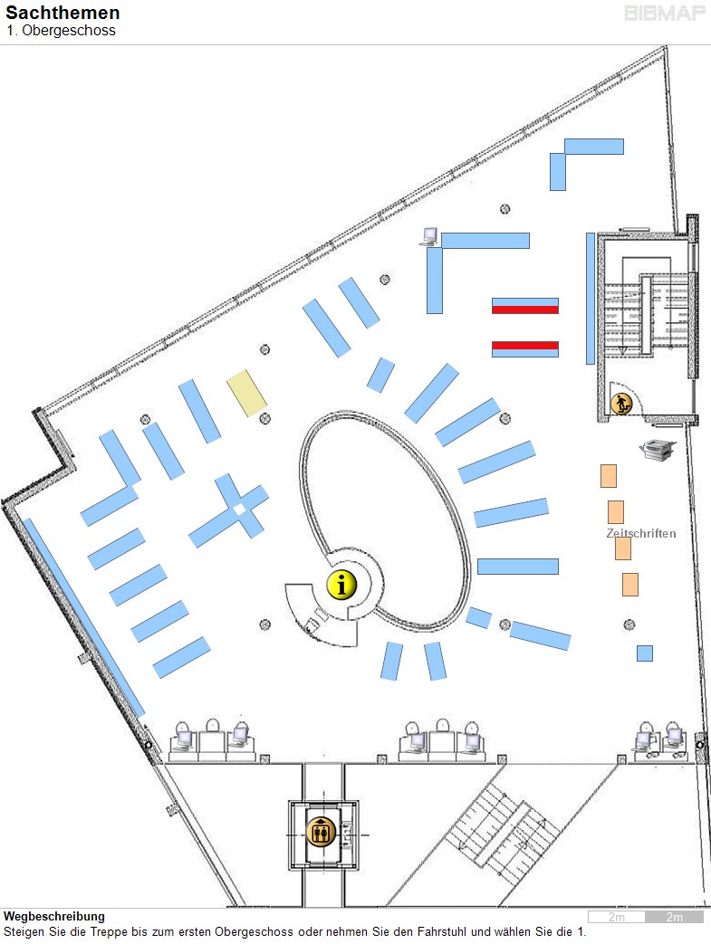 Bild zur Standortanzeige Wegbeschreibung
Steigen Sie die Treppe bis zum ersten Obergeschoss oder nehmen Sie den Fahrstuhl und w�hlen Sie die 1.