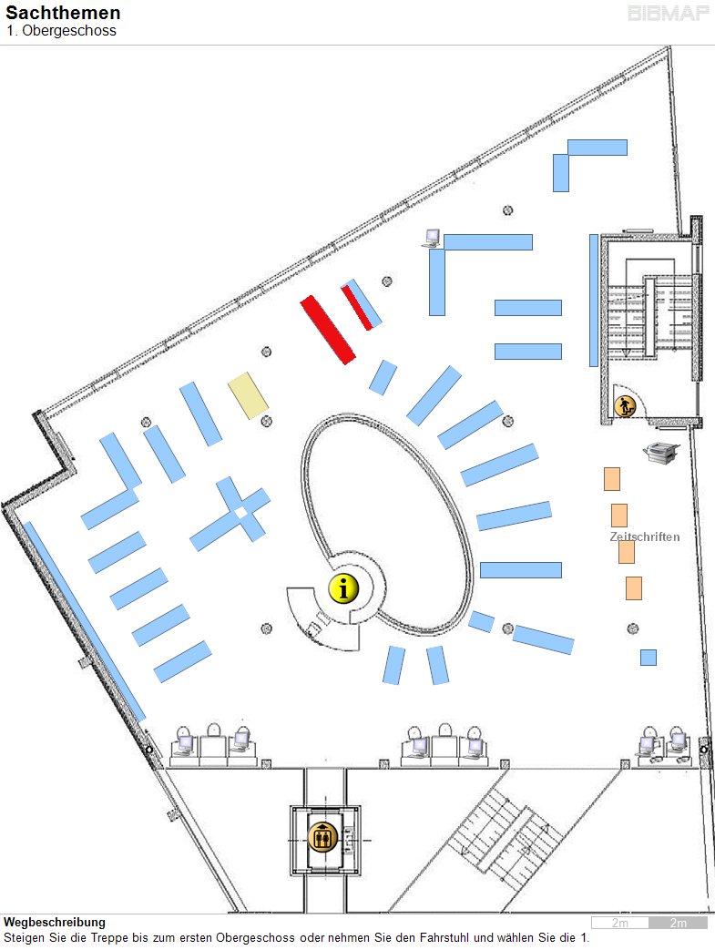 Bild zur Standortanzeige Wegbeschreibung
Steigen Sie die Treppe bis zum ersten Obergeschoss oder nehmen Sie den Fahrstuhl und w�hlen Sie die 1.