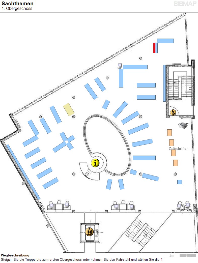 Bild zur Standortanzeige Wegbeschreibung
Steigen Sie die Treppe bis zum ersten Obergeschoss oder nehmen Sie den Fahrstuhl und w�hlen Sie die 1.