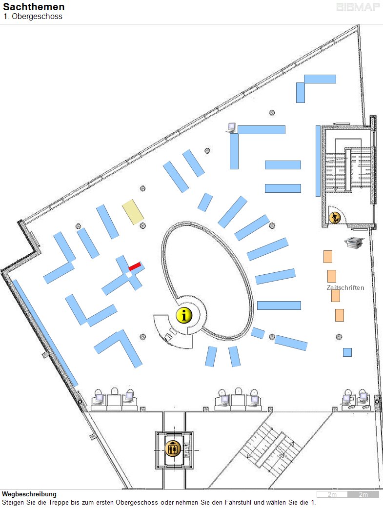 Bild zur Standortanzeige Wegbeschreibung
Steigen Sie die Treppe bis zum ersten Obergeschoss oder nehmen Sie den Fahrstuhl und w�hlen Sie die 1.