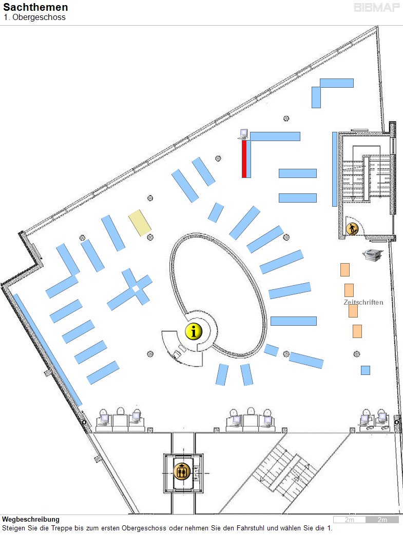 Bild zur Standortanzeige Wegbeschreibung
Steigen Sie die Treppe bis zum ersten Obergeschoss oder nehmen Sie den Fahrstuhl und w�hlen Sie die 1.