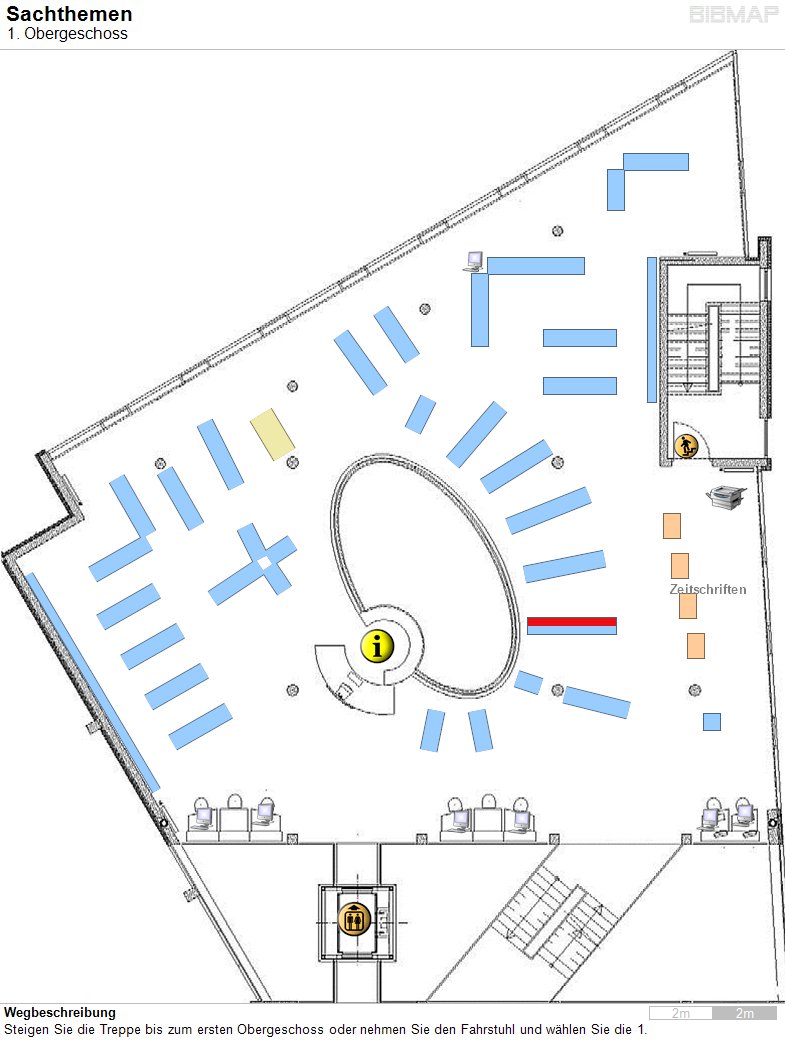Bild zur Standortanzeige Wegbeschreibung
Steigen Sie die Treppe bis zum ersten Obergeschoss oder nehmen Sie den Fahrstuhl und w�hlen Sie die 1.