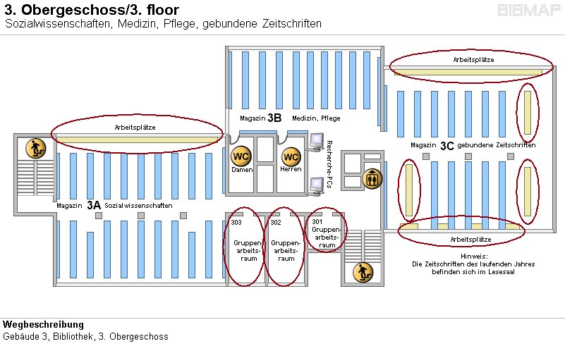 Bild zur Standortanzeige Wegbeschreibung
Gebude 3, Bibliothek, 3. Obergeschoss