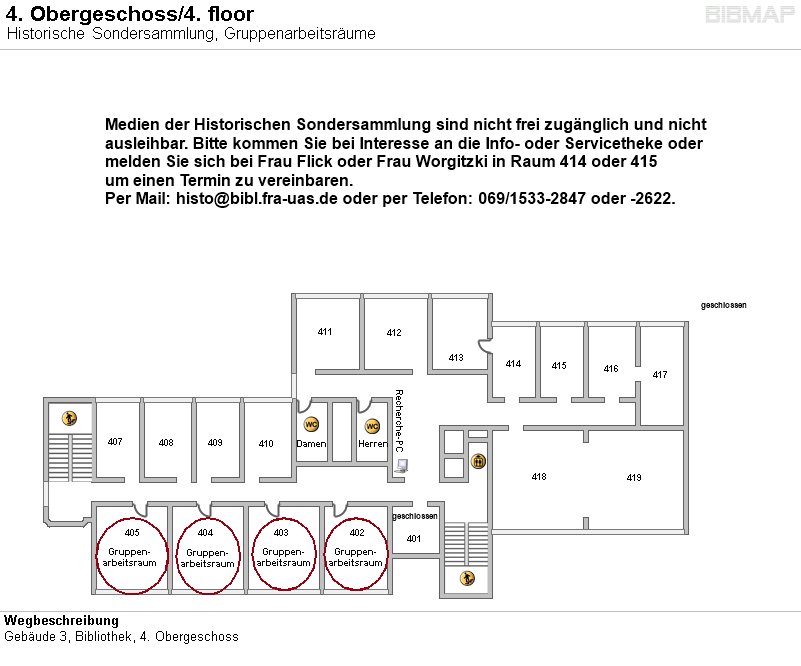 Bild zur Standortanzeige Wegbeschreibung
Gebude 3, Bibliothek, 4. Obergeschoss