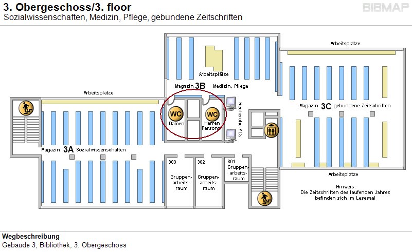Bild zur Standortanzeige Wegbeschreibung
Geb�ude 3, Bibliothek, 3. Obergeschoss