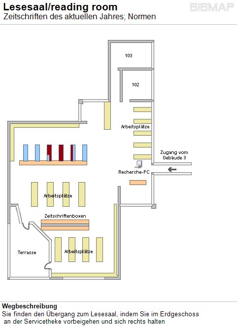 Bild zur Standortanzeige Wegbeschreibung
Sie finden den �bergang zum Lesesaal, indem Sie im Erdgeschoss
 an der Servicetheke vorbeigehen und sich rechts halten