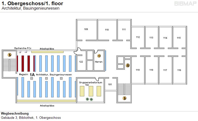 Bild zur Standortanzeige Wegbeschreibung
Geb�ude 3, Bibliothek, 1. Obergeschoss