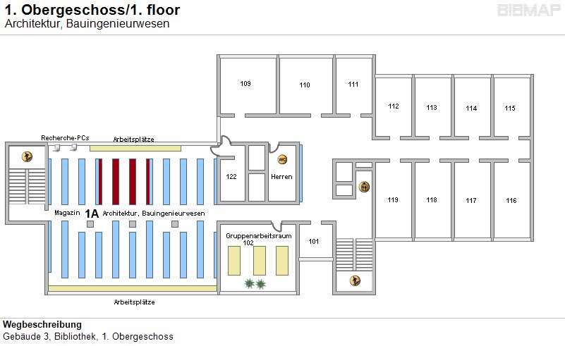 Bild zur Standortanzeige Wegbeschreibung
Geb�ude 3, Bibliothek, 1. Obergeschoss
