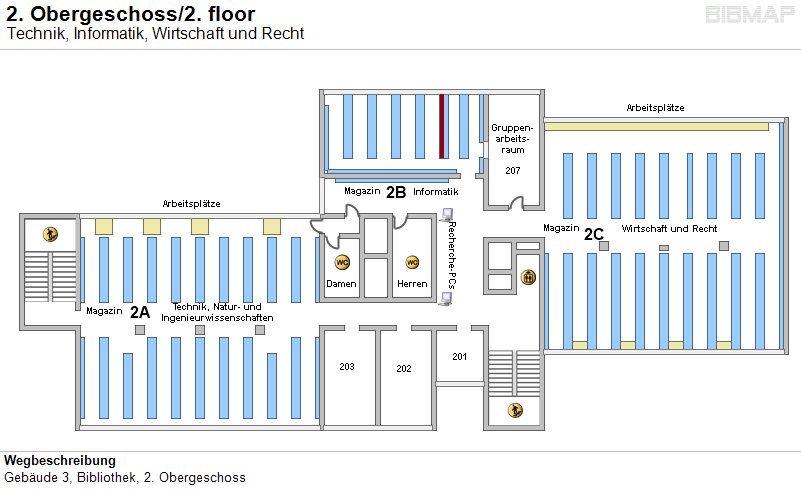 Bild zur Standortanzeige Wegbeschreibung
Geb�ude 3, Bibliothek, 2. Obergeschoss