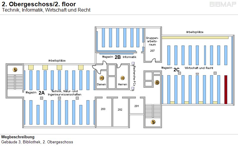 Bild zur Standortanzeige Wegbeschreibung
Geb�ude 3, Bibliothek, 2. Obergeschoss