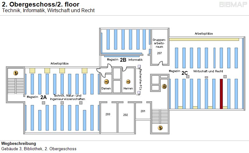 Bild zur Standortanzeige Wegbeschreibung
Geb�ude 3, Bibliothek, 2. Obergeschoss
