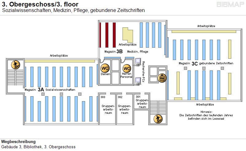 Bild zur Standortanzeige Wegbeschreibung
Geb�ude 3, Bibliothek, 3. Obergeschoss