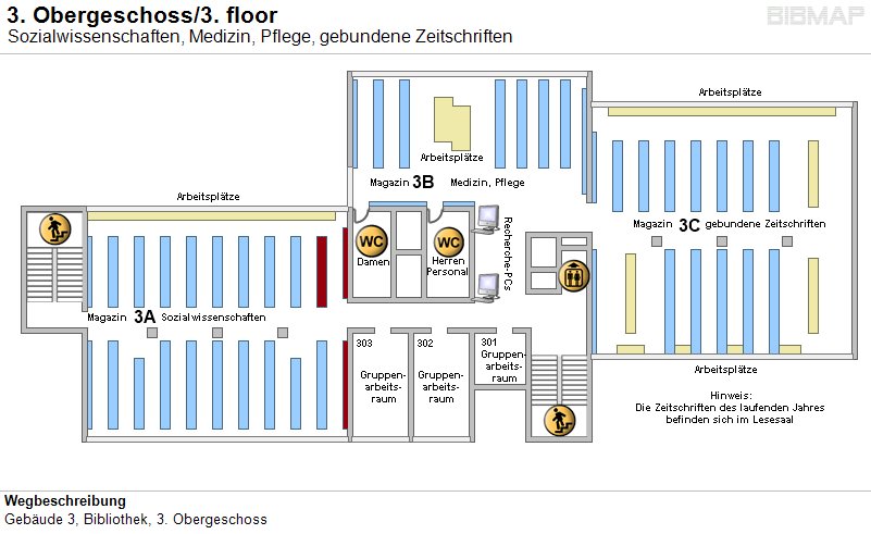 Bild zur Standortanzeige Wegbeschreibung
Geb�ude 3, Bibliothek, 3. Obergeschoss