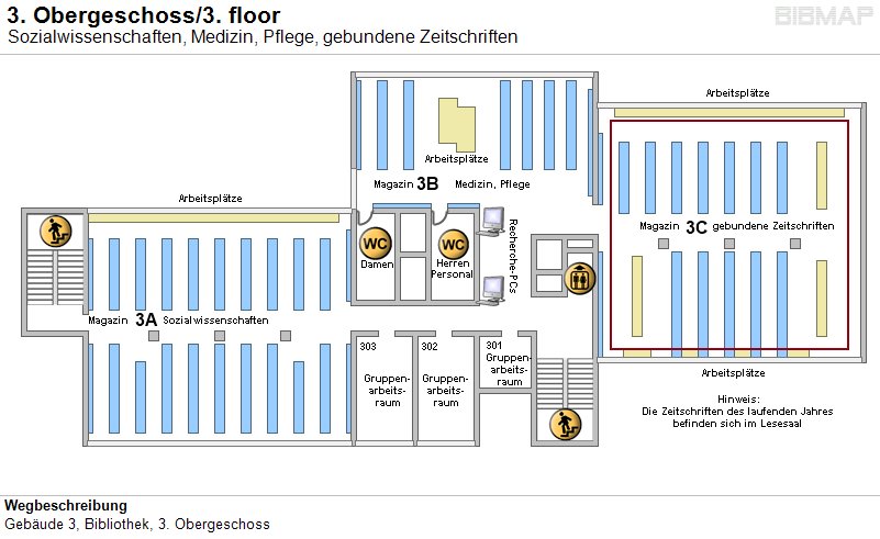 Bild zur Standortanzeige Wegbeschreibung
Geb�ude 3, Bibliothek, 3. Obergeschoss