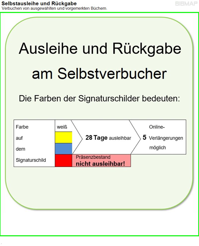 Bild zur Standortanzeige Die Wegbeschreibung wird Ihnen oberhalb dieser Tafel angezeigt. Die Bnde entnehmen Sie bitte dem Regal
oder bestellen ggf. aus dem Magazin.
Ausleihe und Rckgabe sind ber die SELBSTVERBUCHER mglich.