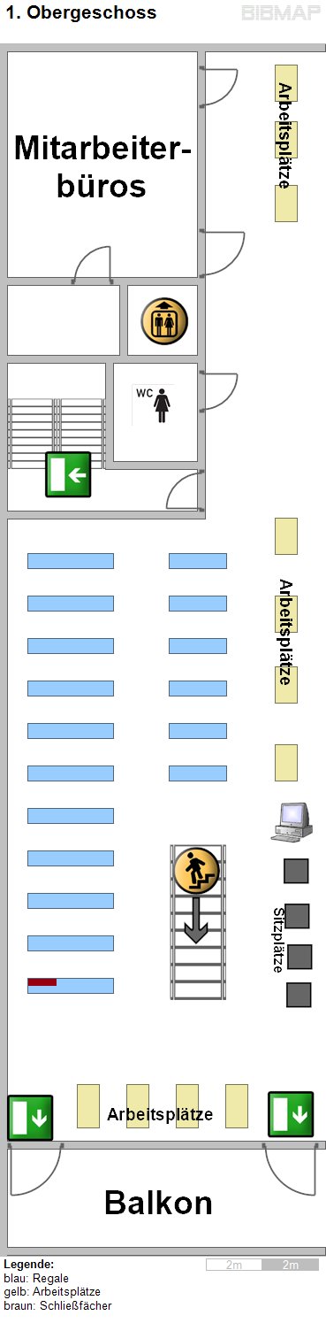 Bild zur Standortanzeige Legende:
blau: Regale
gelb: Arbeitspl�tze
braun: Schlie�f�cher