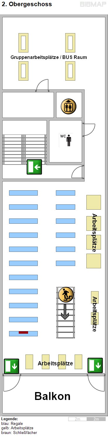 Bild zur Standortanzeige Legende:
blau: Regale
gelb: Arbeitspl�tze
braun: Schlie�f�cher
