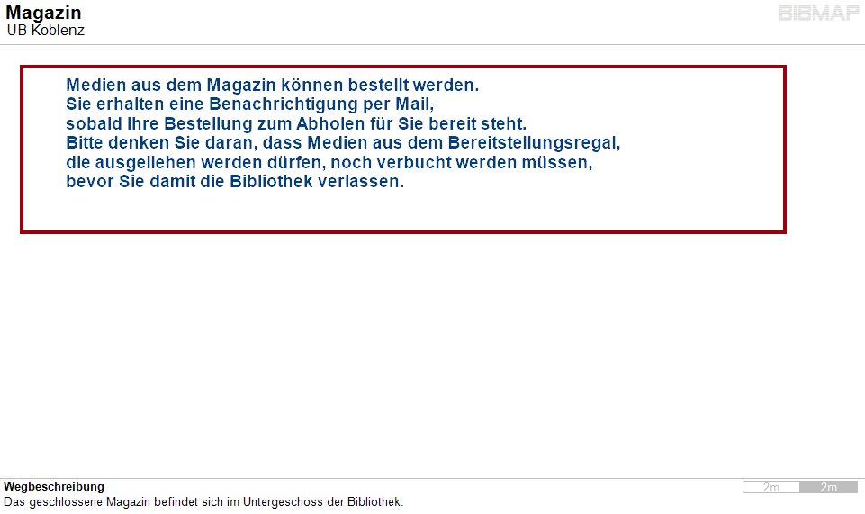 Bild zur Standortanzeige Wegbeschreibung
Das geschlossene Magazin befindet sich im Untergeschoss der Bibliothek.