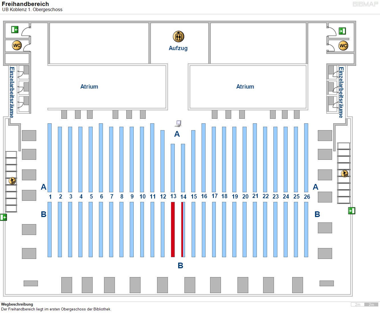 Bild zur Standortanzeige Wegbeschreibung
Der Freihandbereich liegt im ersten Obergeschoss der Bibliothek.