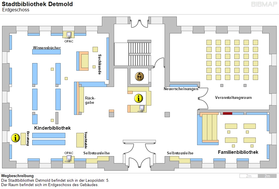Bild zur Standortanzeige Wegbeschreibung
Die Stadtbibliothek Detmold befindet sich in der Leopoldstr. 5.
Der Raum befindet sich im Erdgeschoss des Gebudes.