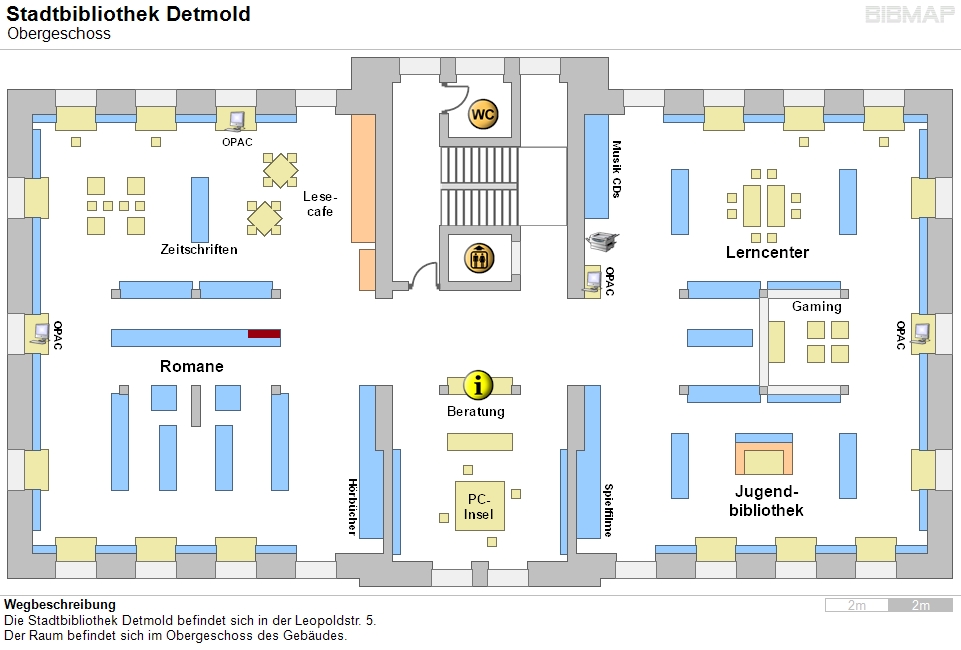 Bild zur Standortanzeige Wegbeschreibung
Die Stadtbibliothek Detmold befindet sich in der Leopoldstr. 5.
Der Raum befindet sich im Obergeschoss des Gebudes.