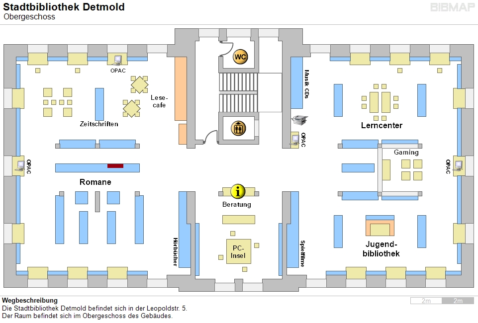 Bild zur Standortanzeige Wegbeschreibung
Die Stadtbibliothek Detmold befindet sich in der Leopoldstr. 5.
Der Raum befindet sich im Obergeschoss des Gebudes.