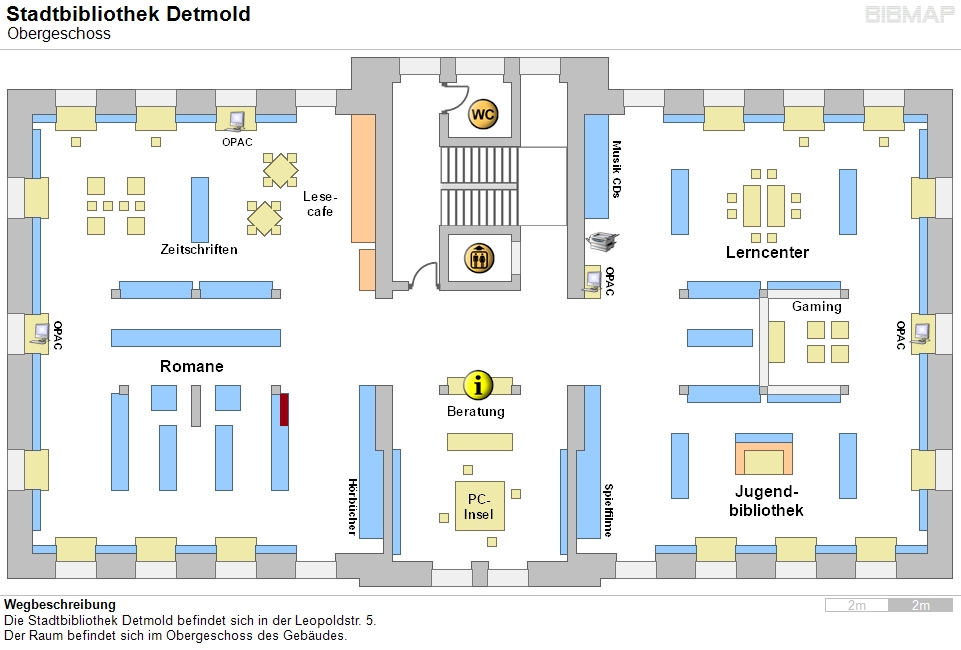 Bild zur Standortanzeige Wegbeschreibung
Die Stadtbibliothek Detmold befindet sich in der Leopoldstr. 5.
Der Raum befindet sich im Obergeschoss des Gebudes.