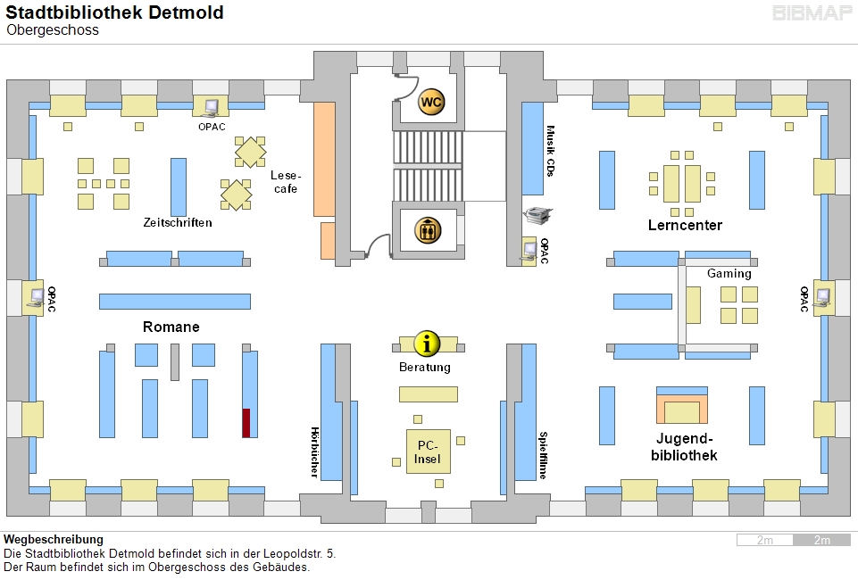 Bild zur Standortanzeige Wegbeschreibung
Die Stadtbibliothek Detmold befindet sich in der Leopoldstr. 5.
Der Raum befindet sich im Obergeschoss des Gebudes.